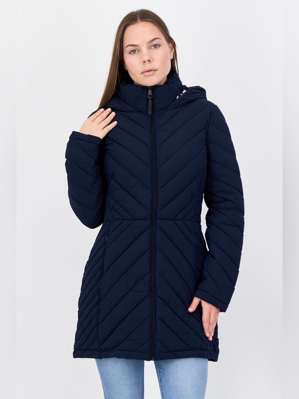 DKNY Long Packable Water-Resistant Lightweight Hooded Puffer Jacket Size S Navy